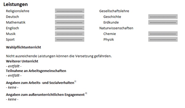 Darstellung des Zeugnisses