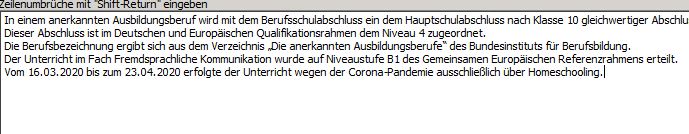Eintrag unter &quot;Aktives Halbjahr&quot;