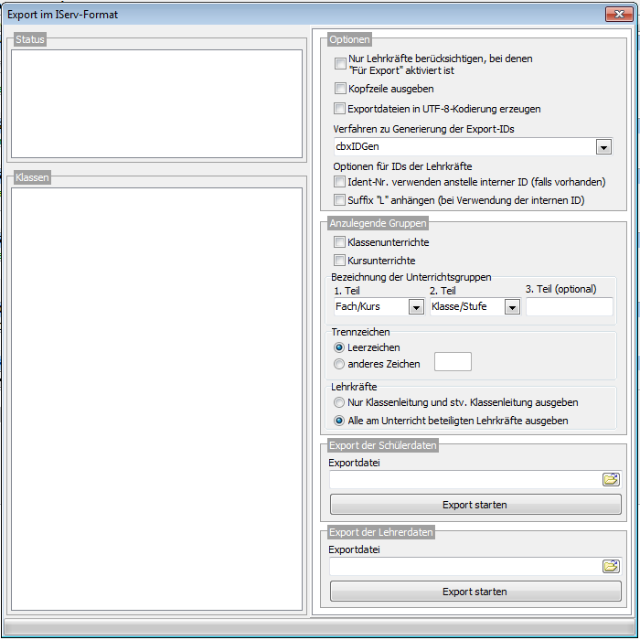 Screenshot des leeren Exportmenüs