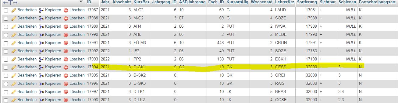 Hier markiert der Deutschkurs, den ich auf Jahrgang 13 umgestellt hatte inkl. der korrekten Angaben unter Jahrgang ID und ASD Jahrgang
