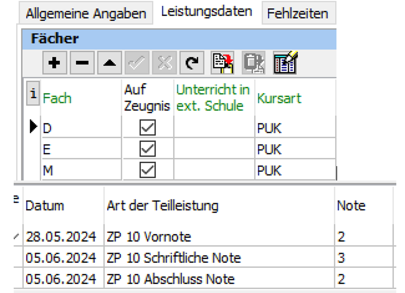 Die Fächer M und E erscheinen in unterschiedlichen Zeilen in aktuelles Schuljahr