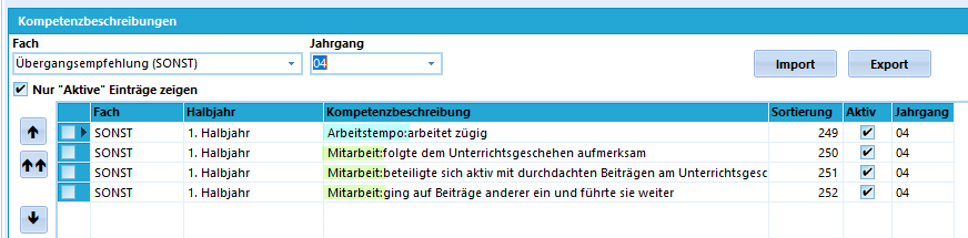 Hier werden die Übergangsfloskeln in weitere Unterkategorien eingeteilt. In dem Beispiel erscheinen später im Zeugnisreport drei Kompetenzen für den Bereich Mitarbeit und eine Kompetenz für den Bereich Arbeitstempo. Es können beliebig weitere Unterkategorien hinzugefügt werden.