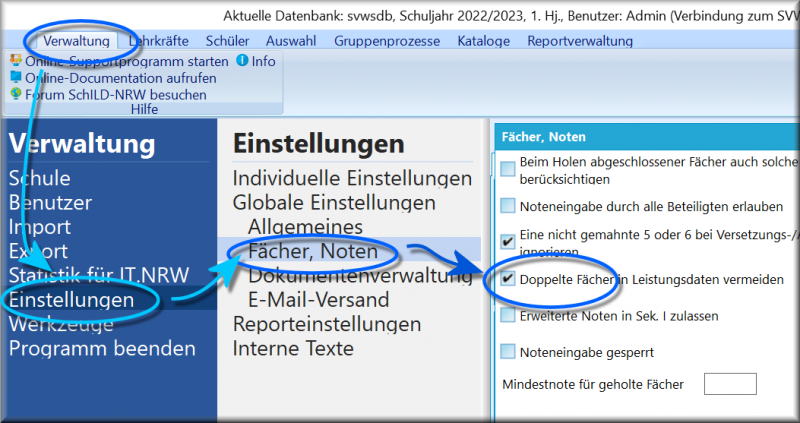 Datei:SchILD Verwaltung Einstellungen Doppelte Faecher Vermeiden.png